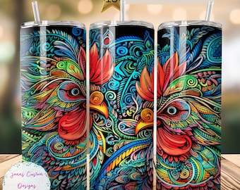 Abstract Colorful Chickens 20 oz Skinny Tumbler Sublimation Design Digital Download PNG Instant DIGITAL ONLY, Straight Rooster tumbler wrap.