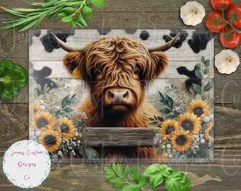 Highland Cow and Sunflowers Cutting Board Design Download, Rustic Farm Cutting Board PNG, Cutting Board Printable PNG, Cow Cutting Board PNG