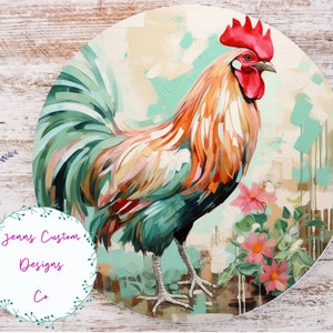 Vintage Rooster and Flowers, Mint Green Sublimation Round Door Hanger Design PNG, Sublimation Design for 12 Inch Round Digital Download ONLY