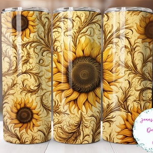 Fall Sunflowers with Filigree 20 oz Skinny Tumbler Sublimation Design Digital Download PNG Instant DIGITAL ONLY, Straight Fall tumbler wrap.