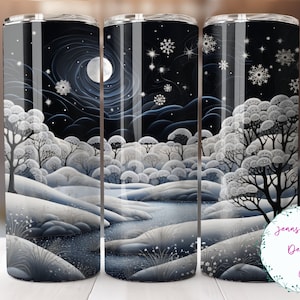 May include: A sublimation design featuring a winter scene with a full moon, snow-covered trees, and a river. The design is perfect for creating custom tumblers, mugs, or other items.