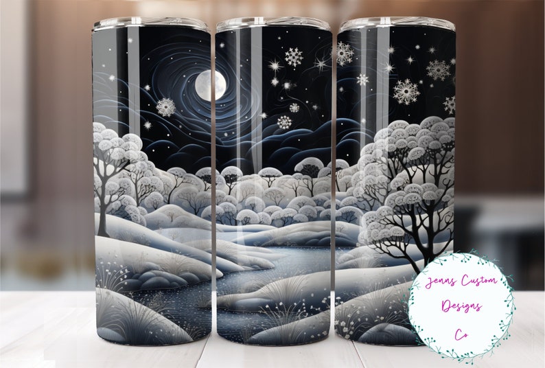 May include: A sublimation design featuring a winter scene with a full moon, snow-covered trees, and a river. The design is perfect for creating custom tumblers, mugs, or other items.