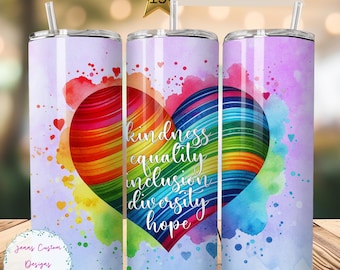 Pride Rainbow Heart, Equality 20 oz Skinny Tumbler Sublimation Design Digital Download PNG Instant Digital ONLY, LGBTQ Heart Tumbler Wrap