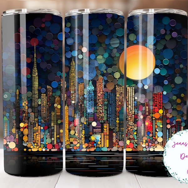 Colorful Abstract Cityscape 20 oz Skinny Tumbler Sublimation Design Digital Download PNG Instant DIGITAL ONLY, Straight City Skyline tumbler