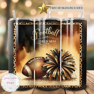 Football Cheer Mom, Leopard Print and Glitter Skinny Tumbler Sublimation Design Digital Download PNG Instant DIGITAL ONLY, Tumbler Wrap
