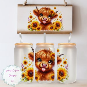 Cute Sassy Highland Cow 16oz Glass Can Wrap - Digital Download Sublimation Design - 16oz Template, jar tumbler wrap PNG Design