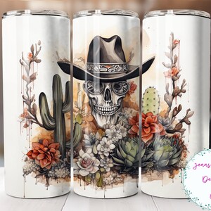 Western Cowboy Skull with Cactuses 20 oz Skinny Tumbler Sublimation Design Digital Download PNG Instant DIGITAL ONLY, Straight tumbler wrap.
