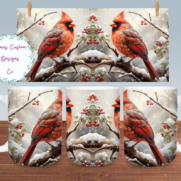 Male Cardinal on Snowy Branch with Berries Mug Sublimation Design Digital Download PNG Winter 12oz and 15oz Mugs PNG, Red Male Cardinal Mug