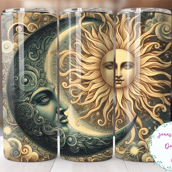 Vintage Sun and Moon 20oz Skinny Tumbler Sublimation Design Digital Download PNG Instant DIGITAL ONLY, Straight Celestial Tumbler Wrap