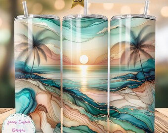 Pôr do sol na praia tropical, design de sublimação de copo fino com tinta alcoólica, download digital PNG instantâneo SOMENTE DIGITAL, envoltório de copo com palmeiras