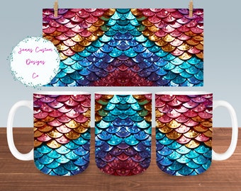 Multicolored Glitter Mermaid Scales Mug Sublimation Design Digital Download PNG Mermaid 12oz and 15oz Mugs PNG, Mermaid Scale Mug PNG