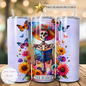 Die Leser-Skelett-Tarot-Karte, Retro 20 oz Skinny Tumbler Sublimation Design Digital Download PNG Instant DIGITAL NUR, Tumbler Wrap