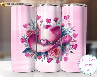 Cappello da cowgirl occidentale rosa con cuori 20 oz Skinny Tumbler Sublimation Design Download digitale PNG istantaneo SOLO DIGITALE, Tumbler Wrap