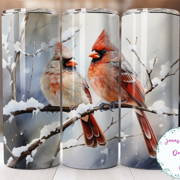 Cardinal Couple in the snow 20oz Skinny Tumbler Sublimation Design Digital Download PNG Instant DIGITAL ONLY, Straight Cardinal tumbler wrap