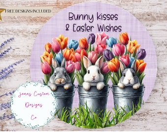 Easter Bunnies in Buckets of Tulips, Sublimation Round Door Hanger Design PNG, Sublimation Design for 12 Inch Round, Digital DOWNLOAD ONLY