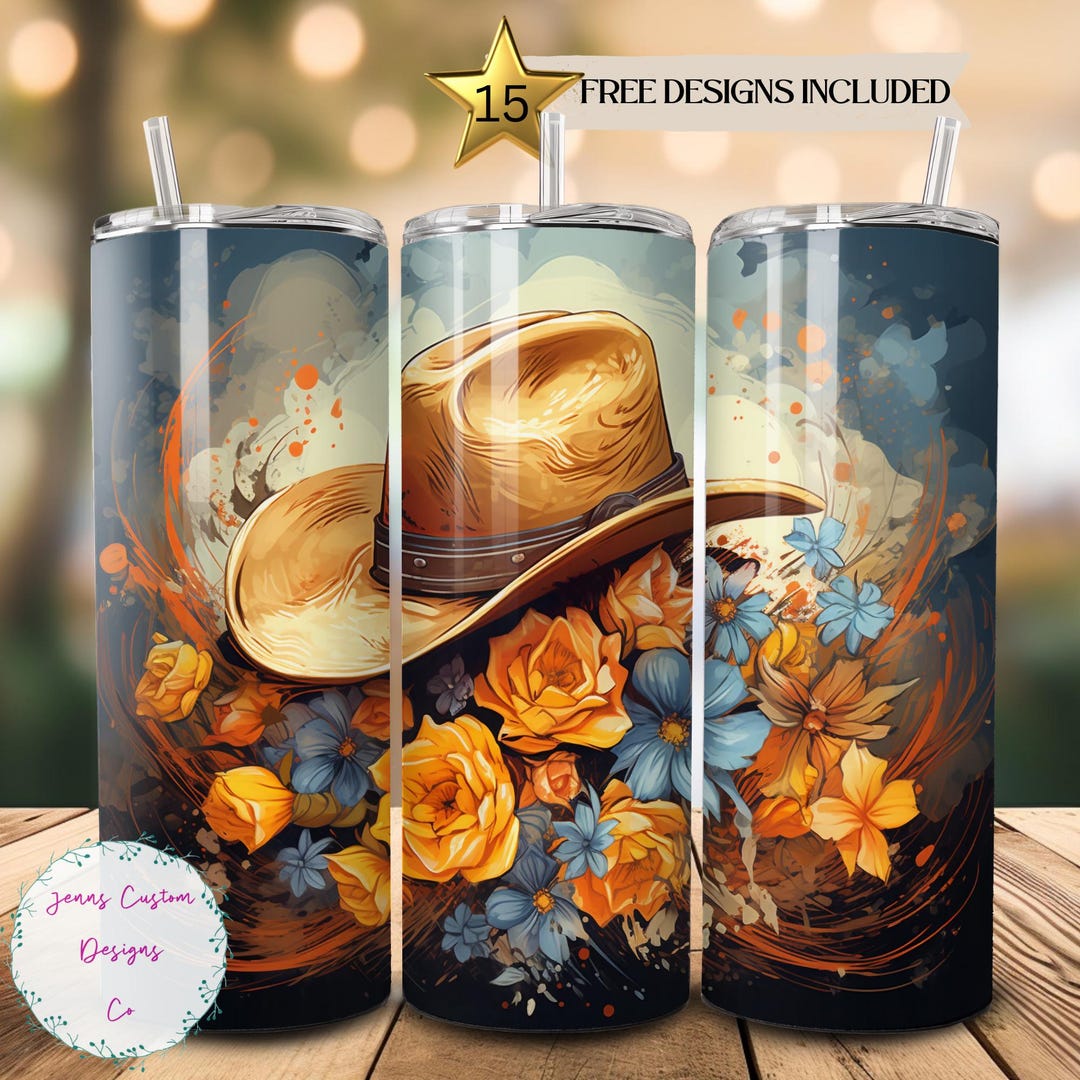 Western Cowgirl Hat and Flowers 20 Oz Skinny Tumbler Sublimation Design ...