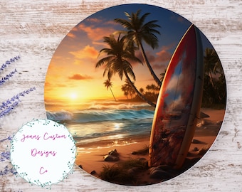 Scène de plage avec sublimation de planche de surf ronde accroche-porte Design PNG, conception de sublimation pour 12 pouces rond, téléchargement numérique uniquement, rond PNG