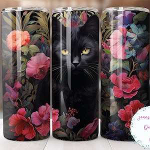 かわいい黒猫とピンクの花の 20 オンス スキニー タンブラー昇華デザイン デジタル ダウンロード PNG インスタント デジタルのみ、ストレート タンブラー ラップ。