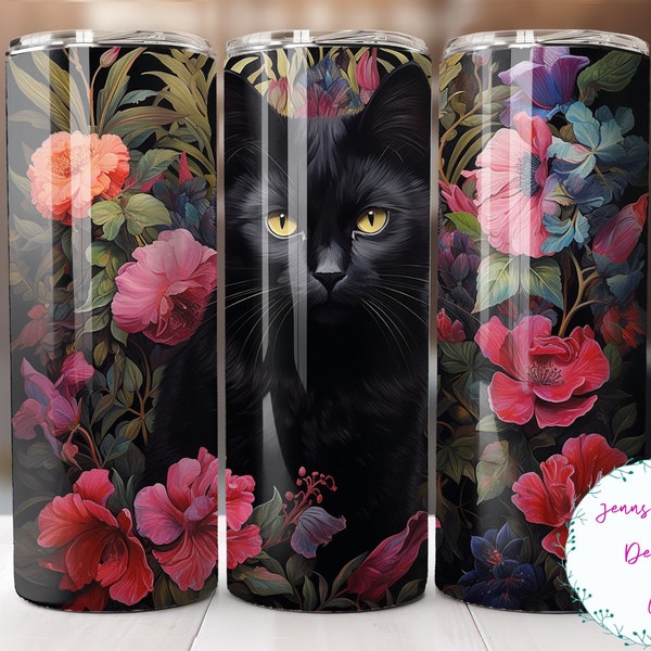 Pretty Black Cat and Pink Flowers 20 oz Skinny Tumbler Sublimation Design Digital Download PNG Instant DIGITAL ONLY, Straight tumbler wrap.