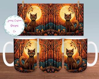 Blue Eyed Fox in Vibrant Fall Forest Mug Sublimation Design Digital Download PNG Fall 12oz and 15oz Mugs PNG, Fall Woodland Fox Mug PNG