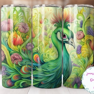 Colorful Peacock and Flowers 20 oz Skinny Tumbler Sublimation Design Digital Download PNG Instant DIGITAL ONLY, Straight Bird tumbler wrap.