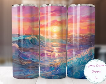 Onde dell'oceano colorate e tramonto 20 oz Skinny Tumbler Sublimation Design Download digitale PNG SOLO DIGITALE istantaneo, involucro per bicchiere dritto.
