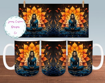 Yoga Serenity Pose with Lotus Mandala Mug Sublimation Design Digital Download PNG Yoga 12oz and 15oz Mugs PNG, Yoga Meditation Mug PNG