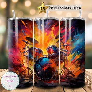 Drum Set with Graffiti, Drummer 20 oz Skinny Tumbler Sublimation Design Digital Download PNG Instant DIGITAL ONLY, Straight tumbler wrap.