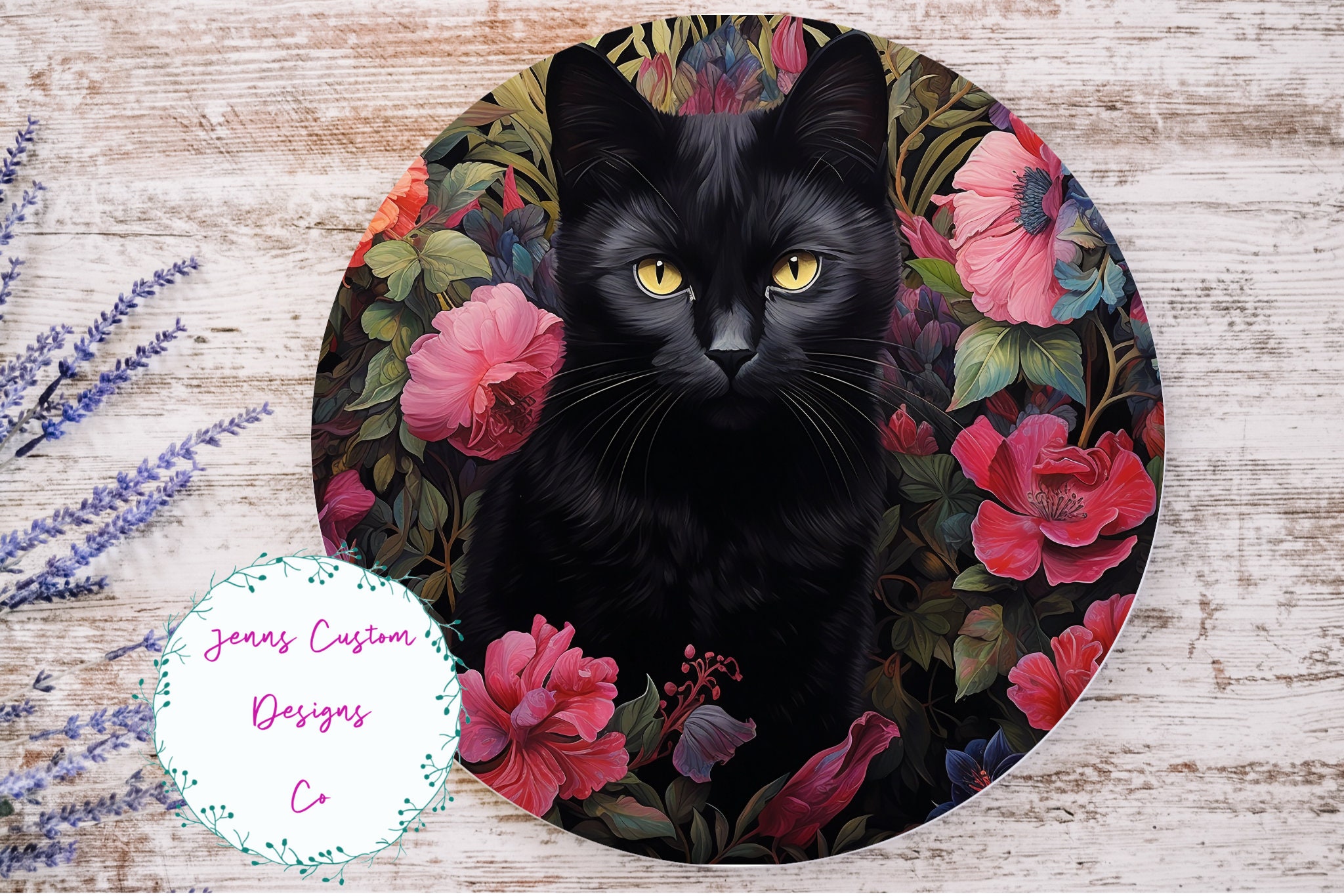 Gato preto fofo com flores rosa sublimação design de cabide de porta redondo PNG, design de sublimação para redondo de 12 polegadas, download digital SOMENTE PNG