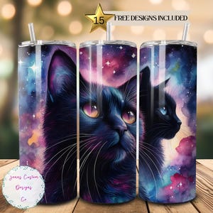 黒猫、天体、水彩画 20 オンス スキニー タンブラー 昇華デザイン デジタルダウンロード PNG インスタント デジタルのみ、タンブラー ラップ