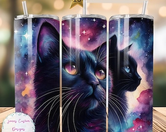 Gatos Pretos, Celestial, Aquarela 20 oz Skinny Tumbler Sublimation Design Digital Download PNG Instantâneo SOMENTE DIGITAL, Tumbler Wrap