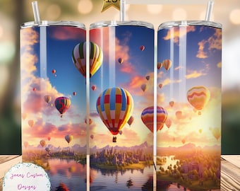 Soaring Hot Air Balloons Over Water 20 oz Skinny Tumbler Sublimation Design Digital Download PNG Instant DIGITAL ONLY, Straight tumbler wrap
