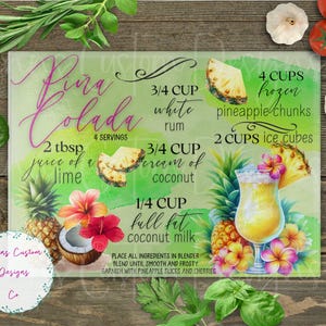 May include: A rectangular glass cutting board with a Pi&ntilde;a Colada recipe. The recipe includes ingredients like pineapple chunks, white rum, and coconut cream. The design features a tropical theme with illustrations of pineapples and flowers.