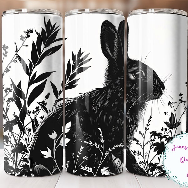 Black and White Easter Bunny in Wildflowers 20oz Skinny Tumbler Sublimation Design Digital Download PNG Instant DIGITAL ONLY, Straight Wrap