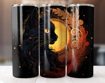Gato preto místico e lua cheia 20 onças Skinny Tumbler Sublimation Design Digital Download PNG Instantâneo SOMENTE DIGITAL, envoltório de copo reto.