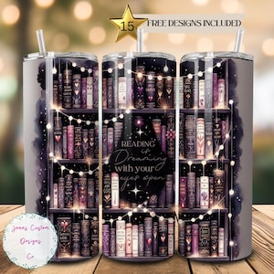 Bookish, Reading is Dreaming, Bücherreihe Skinny Tumbler Sublimationsdesign Digitaler Download PNG Instant NUR DIGITAL, Tumbler Wrap