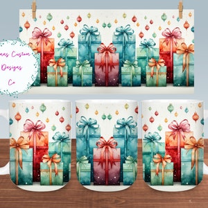 Retro Watercolor Christmas Presents and Ornaments Mug Sublimation Design, Digital Download PNG,  Christmas 12oz and 15oz Mugs PNG, Mug PNG