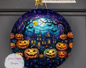 Haunted House and Jack O Lanterns Sublimation Round Door Hanger Design PNG, Sublimation Design for 12 Inch Round, Digital Download ONLY