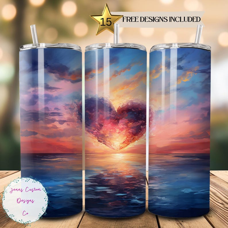 May include: A stainless steel tumbler with a colorful sunset and heart-shaped clouds design. The tumbler is 20 ounces and has a double-wall insulated design to keep drinks cold or hot for hours.