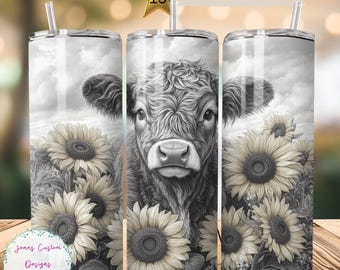 Vaca Highland preta e branca e girassóis 20 oz Skinny Tumbler Sublimação Design Digital Download PNG Instantâneo SOMENTE DIGITAL, Tumbler Wrap