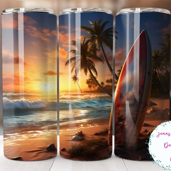 Beach Scene With Surfboard and Sunset 20oz Skinny Tumbler Sublimation Design Digital Download PNG Instant DIGITAL ONLY Straight tumbler wrap