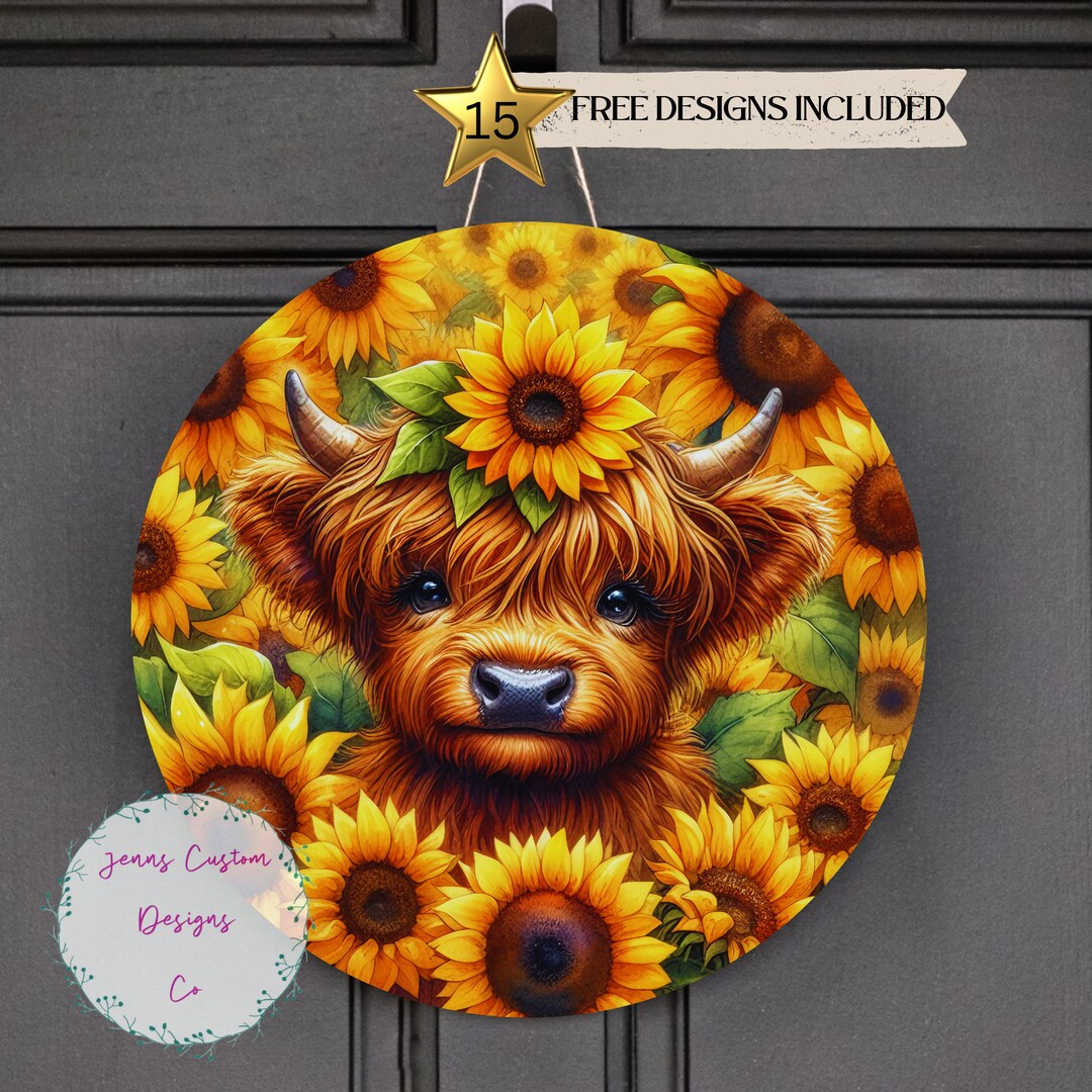 Highland Cow and Sunflowers Sublimation Round Door Hanger Design PNG ...