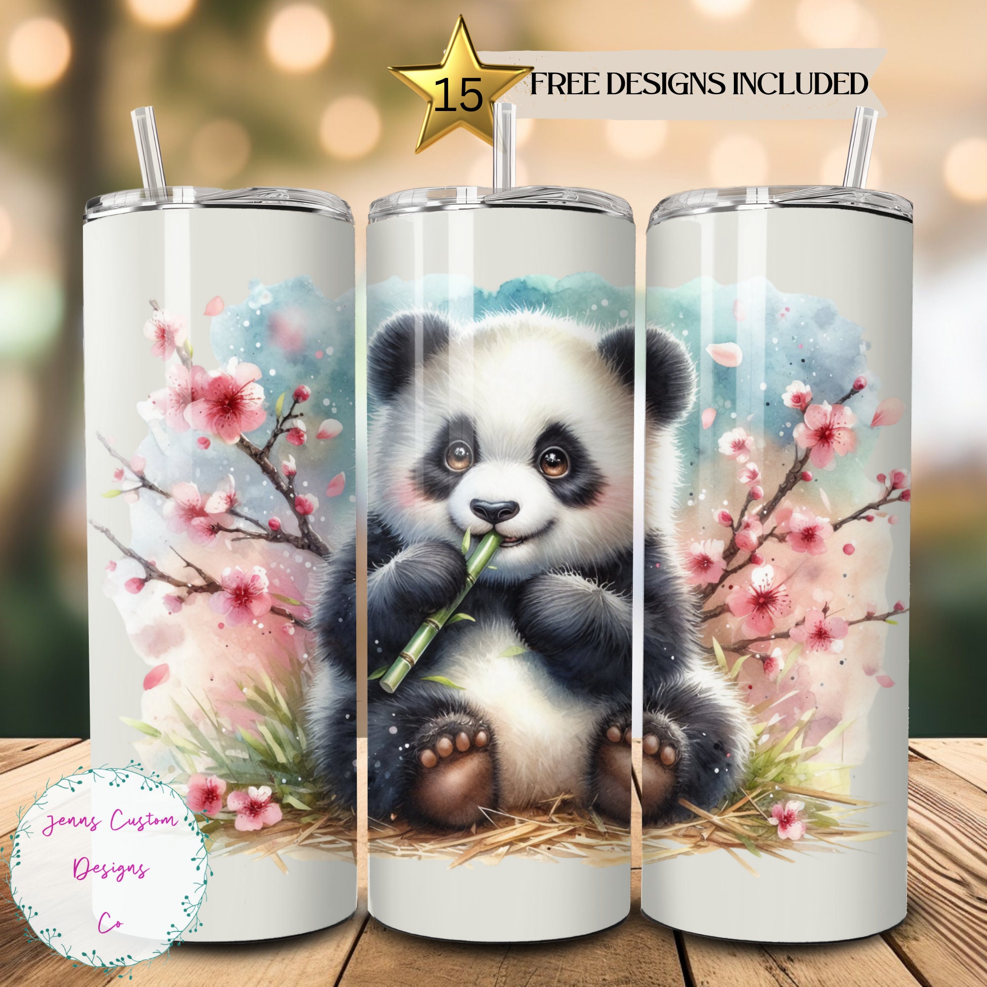 Watercolor Panda and Cherry Blossoms 20 Oz Skinny Tumbler Sublimation ...