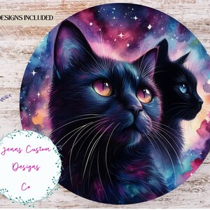 May include: Two black cats with glowing eyes are set against a colorful galaxy background. The cats are looking in different directions. The background is a watercolor style with pink, purple, blue, and orange hues.