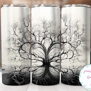 May include: Three stainless steel tumblers with a black and white design of a tree with intricate branches. The design is centered on the tumblers and appears to be a stylized representation of a tree.