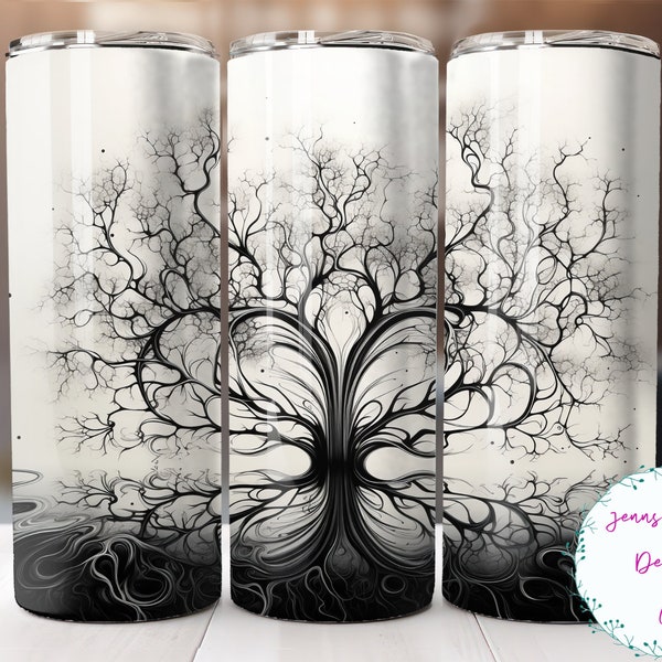 Black and White Tree of Life 20 oz Skinny Tumbler Sublimation Design Digital Download PNG Instant DIGITAL ONLY, Straight Tree tumbler wrap.