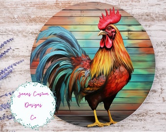 Colorful Rooster Sublimation Round Door Hanger Design PNG, Sublimation Design for 12 Inch Round, Digital Download ONLY Chicken Lover PNG