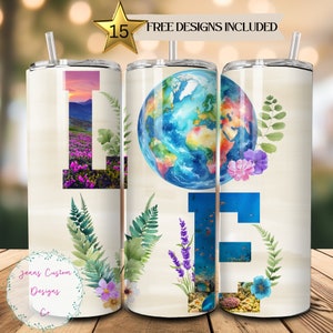 Amor del Día de la Tierra, Planeta Tierra, Floral y Planta 20 oz Flaco Vaso Diseño de Sublimación Descarga Digital PNG Instantánea SOLO DIGITAL, Vaso