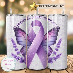 Pancreatic Cancer Awareness Ribbon, Butterfly and Flowers 20 oz Skinny Tumbler Sublimation Design Digital Download PNG Instant DIGITAL ONLY