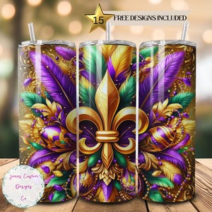 Mardi Gras Fleur De Lis, Feathers, Beads 20oz Skinny Tumbler Sublimation Design Digital Download PNG Instant DIGITAL ONLY, Straight Wrap